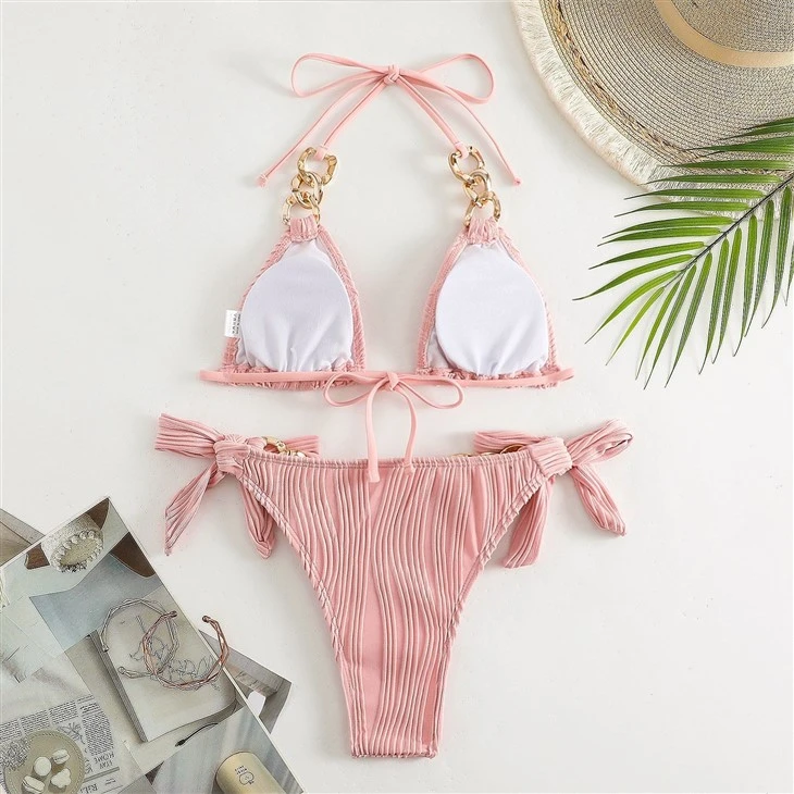 2024 New Sexy Bikini Fashion Tie Hanging Neck Split Solid Color Bikini Cross Border Amazon Swimsuit Women