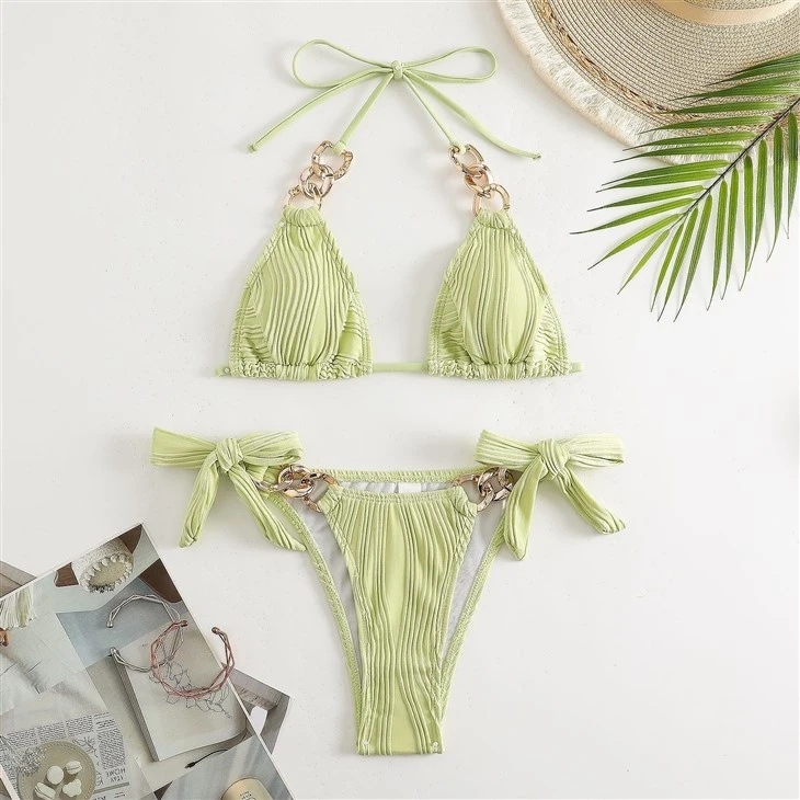 2024 New Sexy Bikini Fashion Tie Hanging Neck Split Solid Color Bikini Cross Border Amazon Swimsuit Women