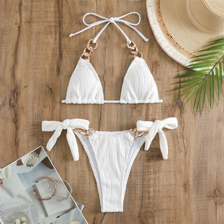 2024 New Sexy Bikini Fashion Tie Hanging Neck Split Solid Color Bikini Cross Border Amazon Swimsuit Women