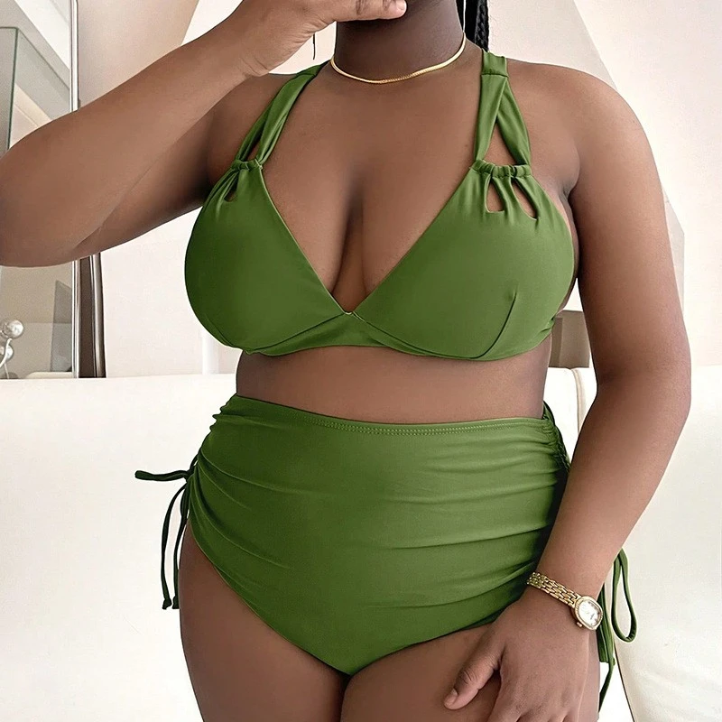 Hot New Solid Color Triangle Cup Plus Size High Waist Bikini Swimsuit For Beach