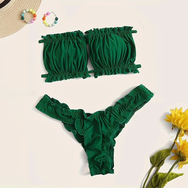 Hot Sale Ruffled Adjustable Tie Bikini Set Two-Piece Swimsuit For Beach Holiday