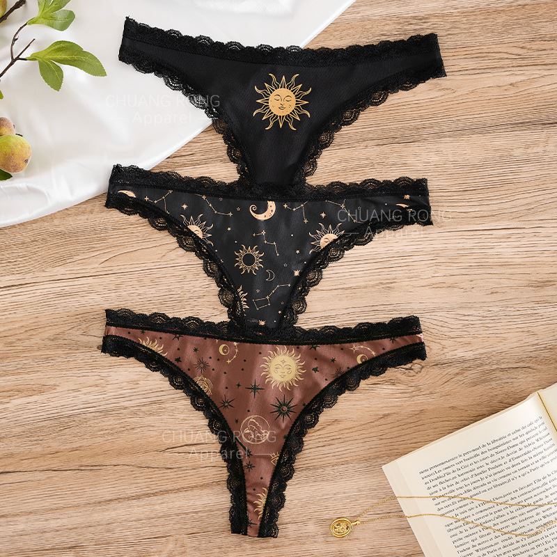 جوراب شلواری Lace Moon Print پایین-لباس زیر زنانه سایز بزرگ Rise Comfort Thong