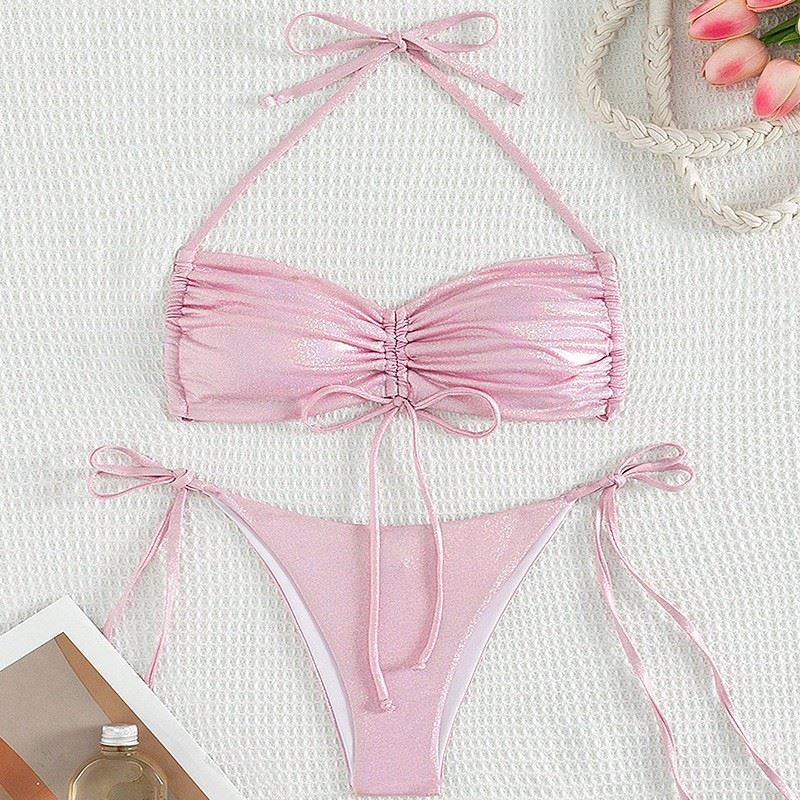New Drawstring Strappy Solid Color Bikini Set Women's Swimwear