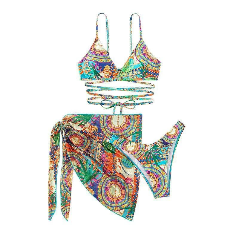 New Sexy Printed Mesh Three-piece Swimsuit For Pool Parties & Beach Getaways