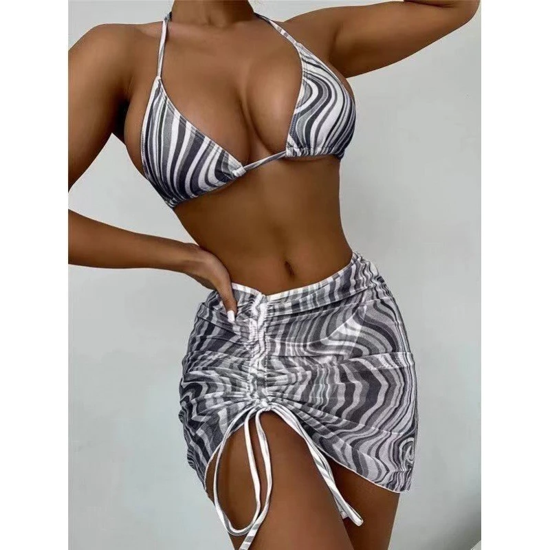 Summer New Sexy Tie-Side Separable Swimsuit 3-Piece Set Strappy Mesh Bikini For Beach