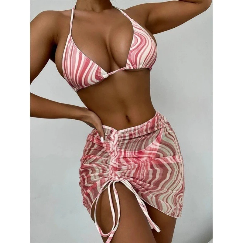 Summer New Sexy Tie-Side Separable Swimsuit 3-Piece Set Strappy Mesh Bikini For Beach