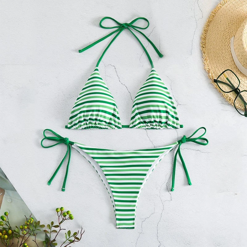 Trendy Striped Triangle Cup Bikini Set Sexy Swimsuit For Beach Vacation