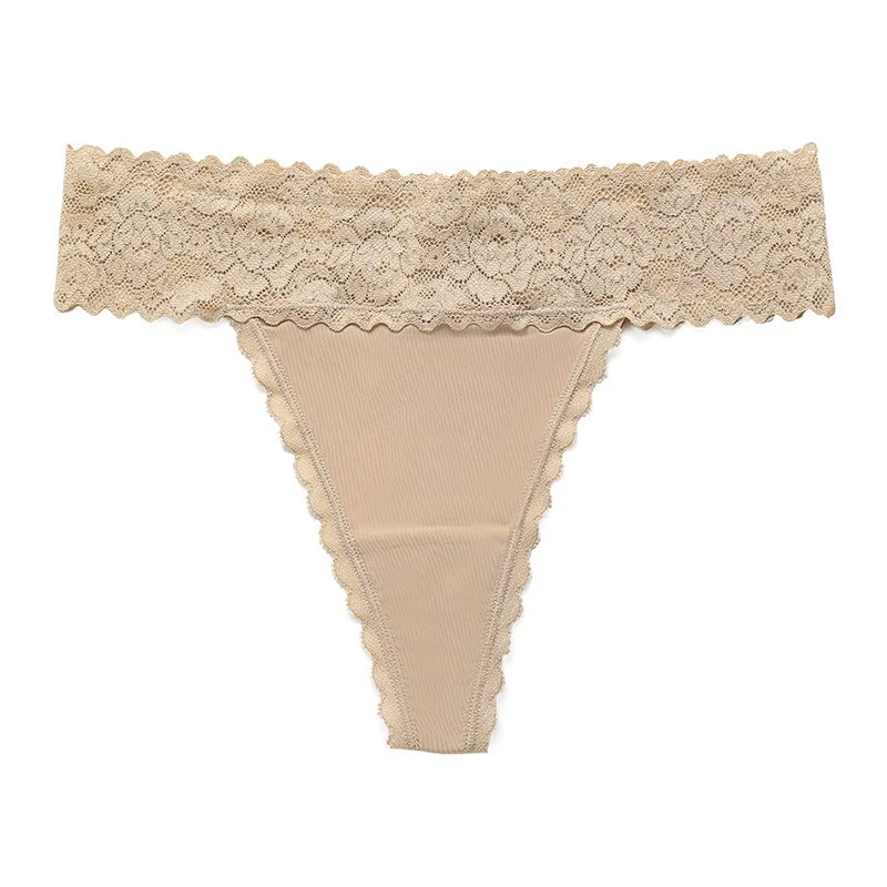 Women's Lace Trimmed Thong Panties Sexy Seamless Low-Rise Cotton Gusset Sports Fitness Underwear