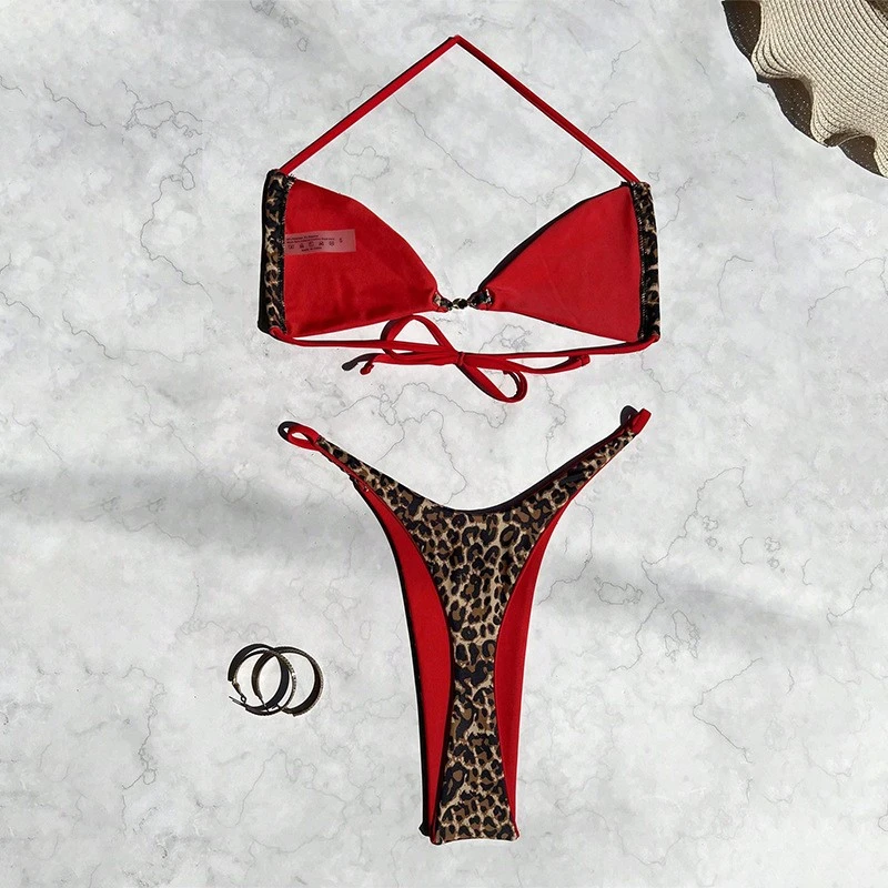Women's Leopard Print Strapless Triangle Bikini Sexy Beach Swimsuit
