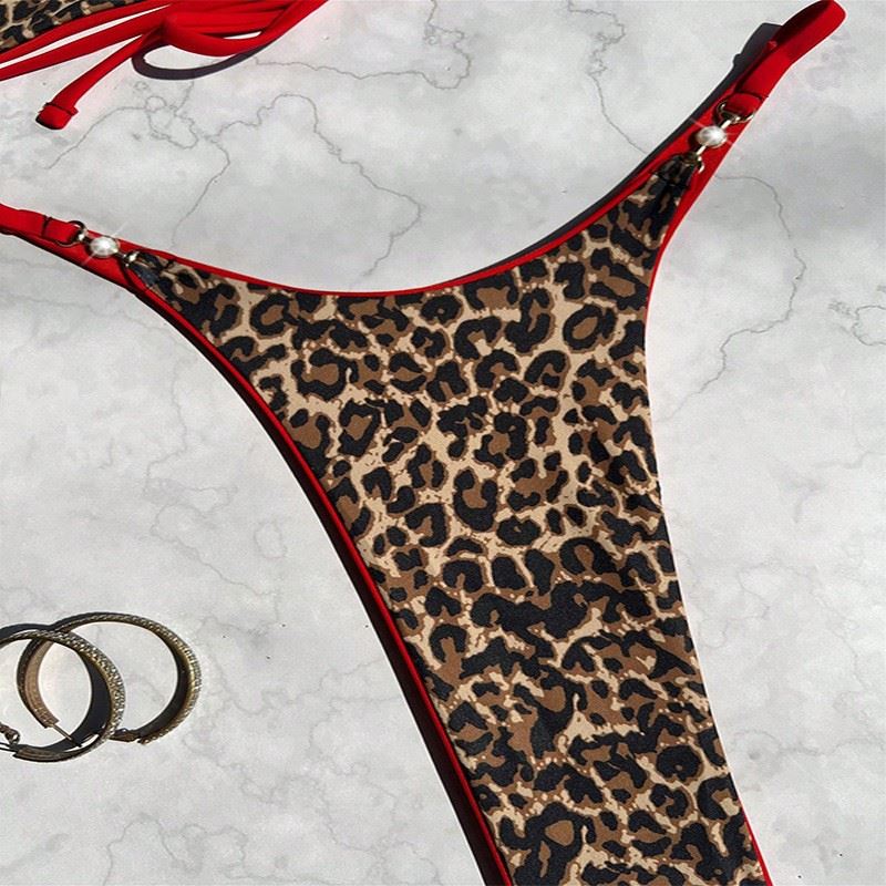 Women's Leopard Print Strapless Triangle Bikini Sexy Beach Swimsuit