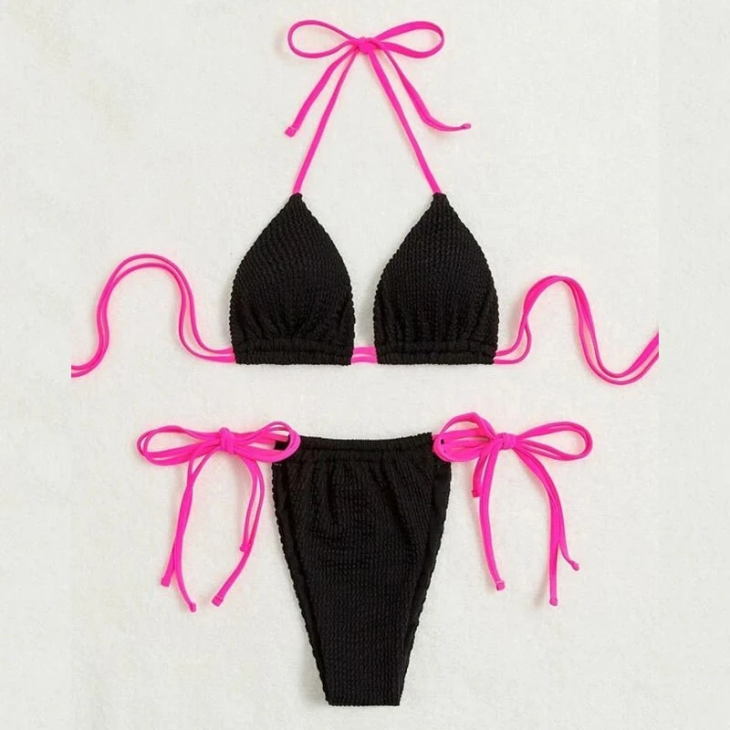 Women's Sexy Halter Tie Bikini Set Solid Color High-Waist Triangle Bikini