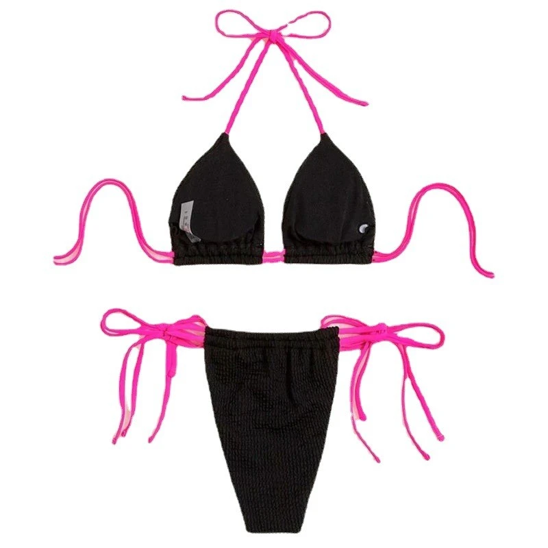 Women's Sexy Halter Tie Bikini Set Solid Color High-Waist Triangle Bikini